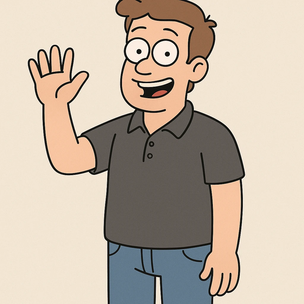 A man and light brown hair Dark Grey Pique Polo Shirt blue jeans hand to say hello emoji