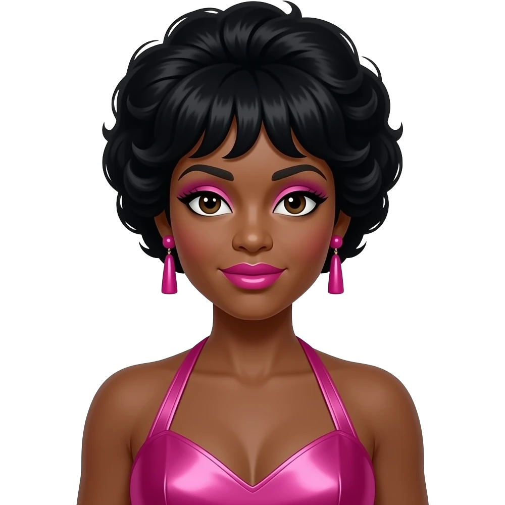 Martha Reeves from Martha and The Vandellas with dark brown eyes, black beehive hair, pink eyeshadow, hot pink lipstick, hot pink metallic halter dress, pink earrings emoji