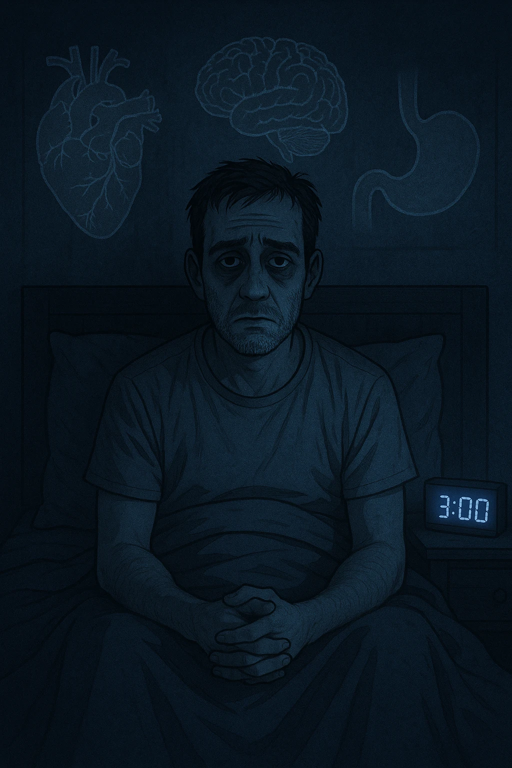 a man sits awake in bed in the middle of the night, dark circles under his eyes and a tired, anxious expression. The room is dimly lit by the blue glow of a phone or digital clock showing 3:00 AM. Around him, faint ghostly overlays of anatomical drawings highlight affected organs—heart, brain, and stomach—symbolizing the physical harm caused by disrupted sleep. emoji