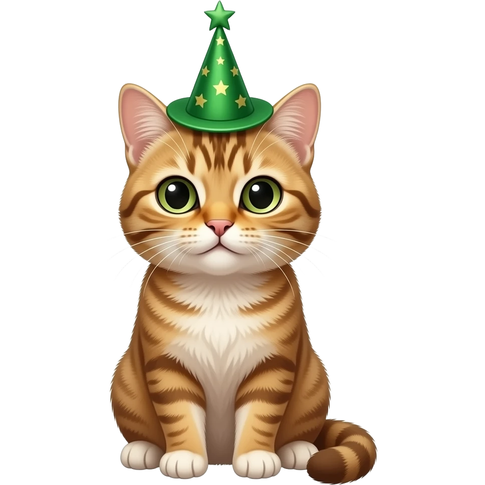 cat sitting pose front view wear green magic hat emoji