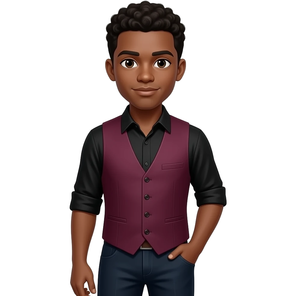 Stylized cartoon emoji of a confident young Black man with short curly hair, Maroon vest over black shirt, one arm in pant pocket. Cool (clean, muted) style. Bold lines, expressive, iconic, emoji-ready. emoji
