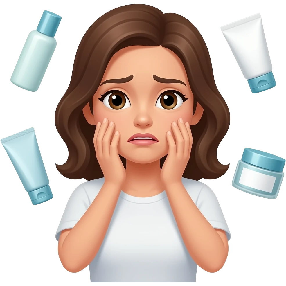 skincare information overload woman with 4 products emoji