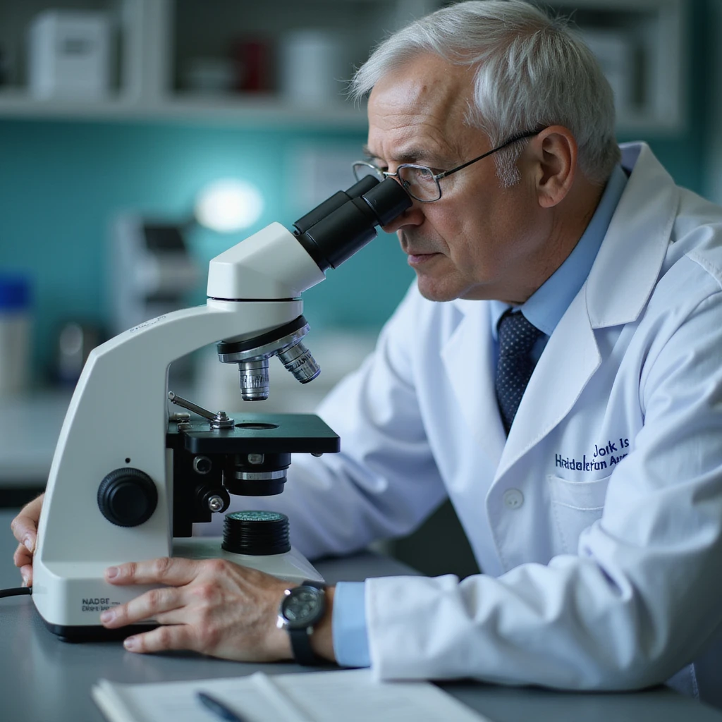 realistic doctor observing parasite larvae in fecal sample under microscope, clinical environment emoji
