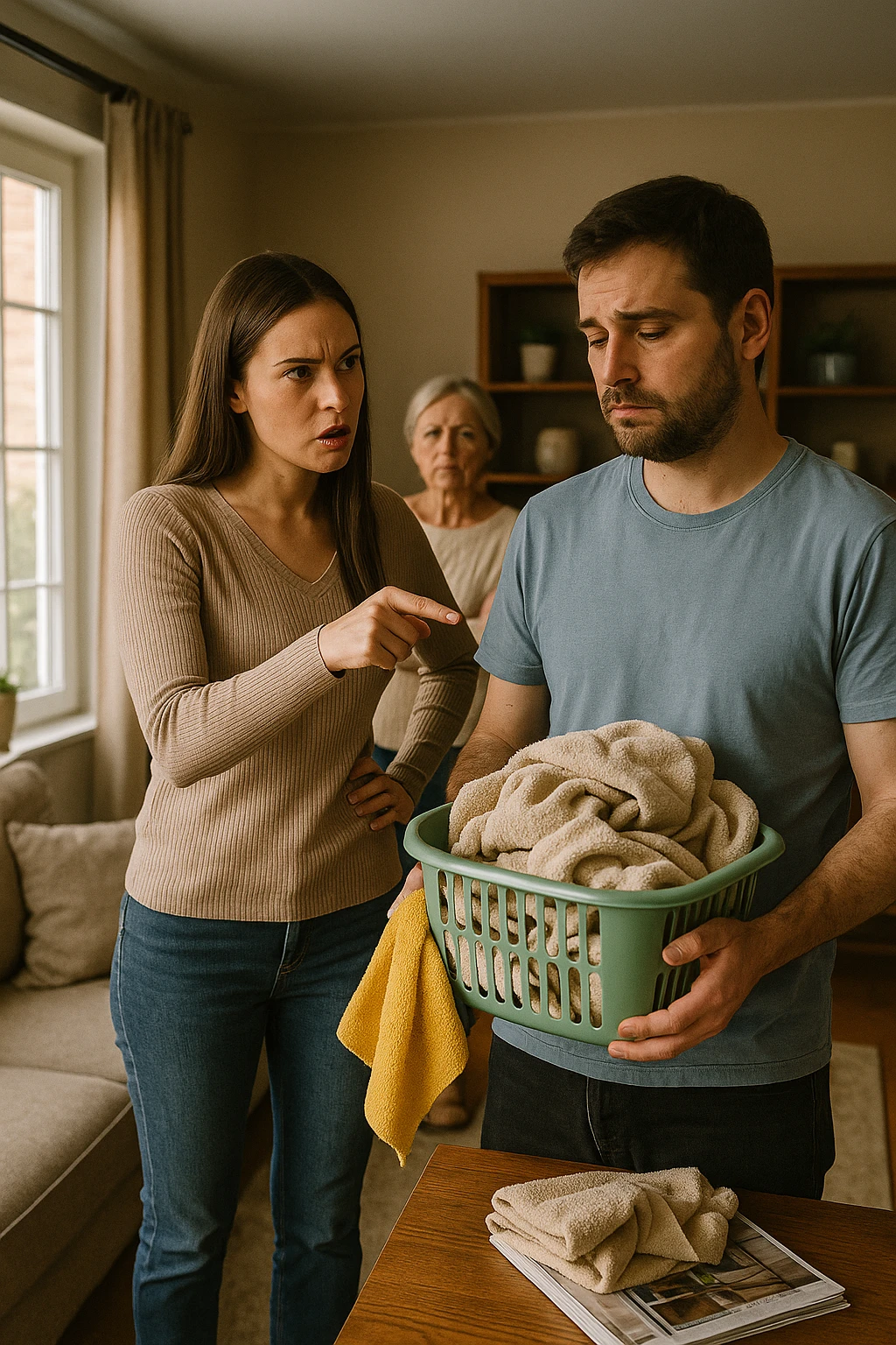 a woman stands assertively in the center of a living room, giving clear instructions to her partner. The man, with a submissive and resigned expression, follows her directions, perhaps holding household items or performing a chore. Behind them, an older woman (the mother-in-law) stands with crossed arms and a disapproving look, watching the scene unfold. The lighting is natural, and the atmosphere is tense but realistic. emoji