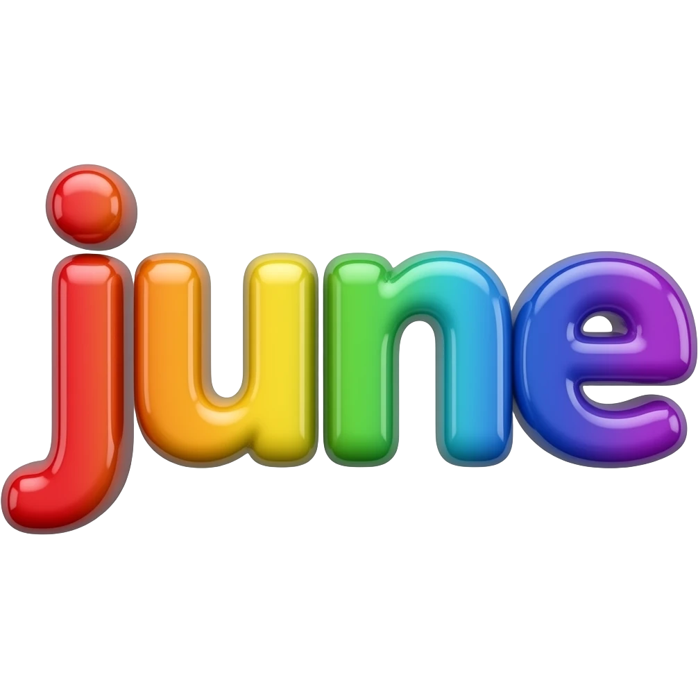 name "june" in yellow, 3D style typography lettering, each color of the rainbow as a border outlined around each letter, isolated, 3d rendering, no emoji icons no emoji faces and must have no human figures emoji