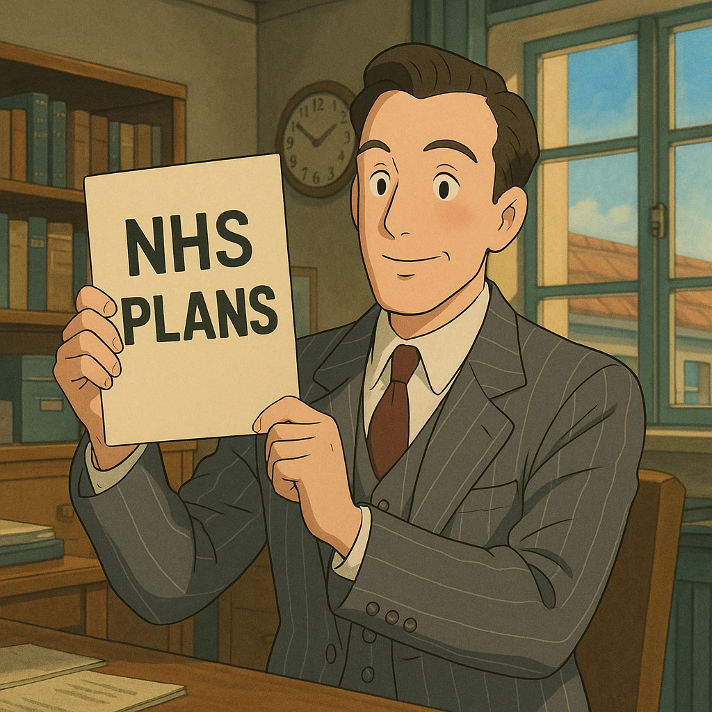 A 1930s man wearing a grey pinstripe suite holding up an official document with the words 'NHS Plans' with an office background emoji