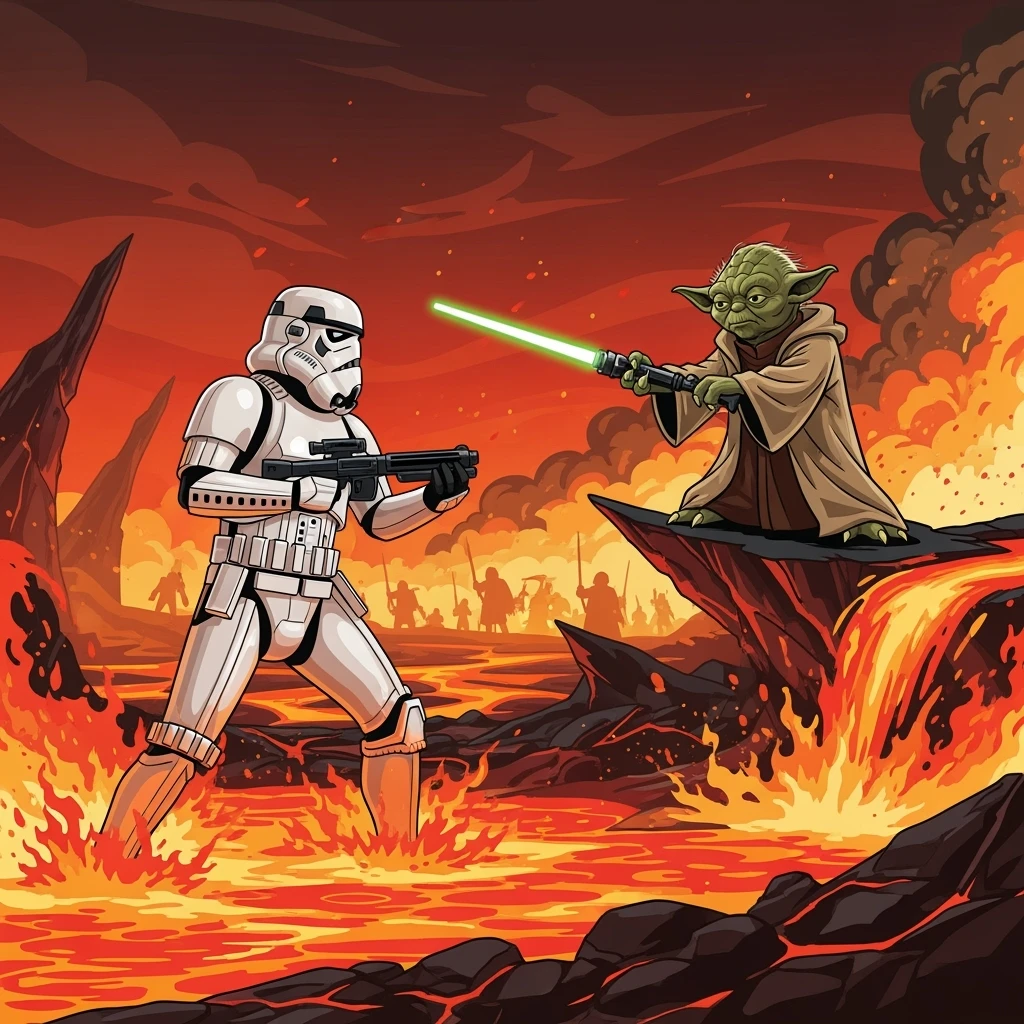 vector art of a Starwars stormtroopers is walking on lava planet with yoda, battleground background 
 emoji