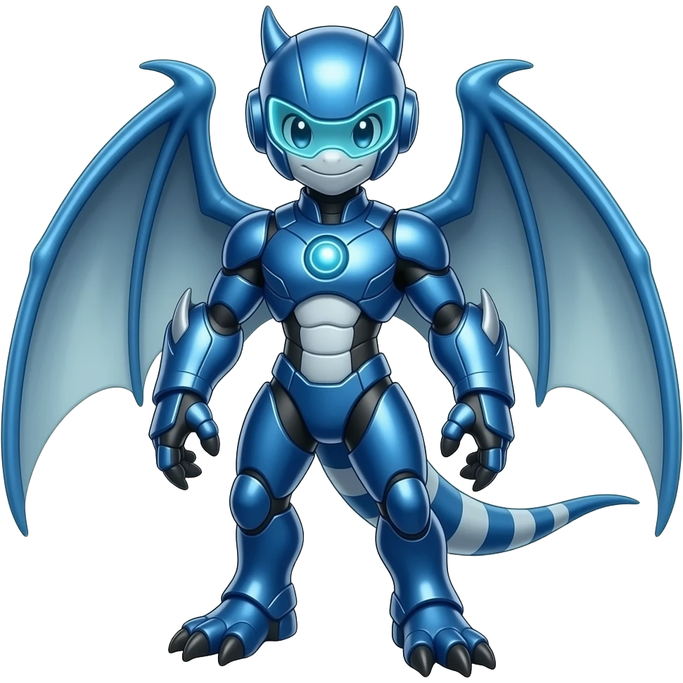 a shiny blue Genesect-Flygon-Raptor-Fakémon—hybrid with a futuristic visor-helmet full body emoji