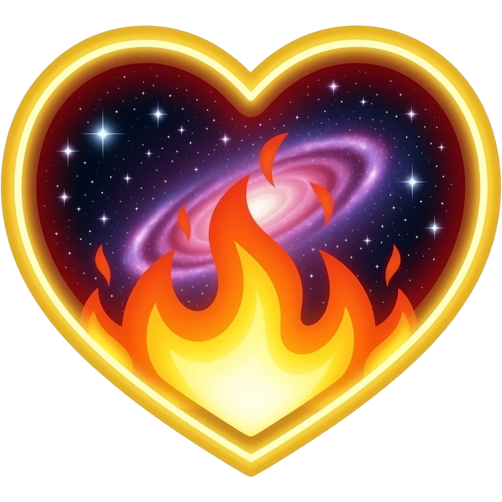 “emoji de emoji de coração com textura de galáxia, estrelas e nebulosas dentro”“emoji de coração vermelho com chamas internas brilhando”“emoji de coração amarelo neon brilhando, estilo energia” emoji