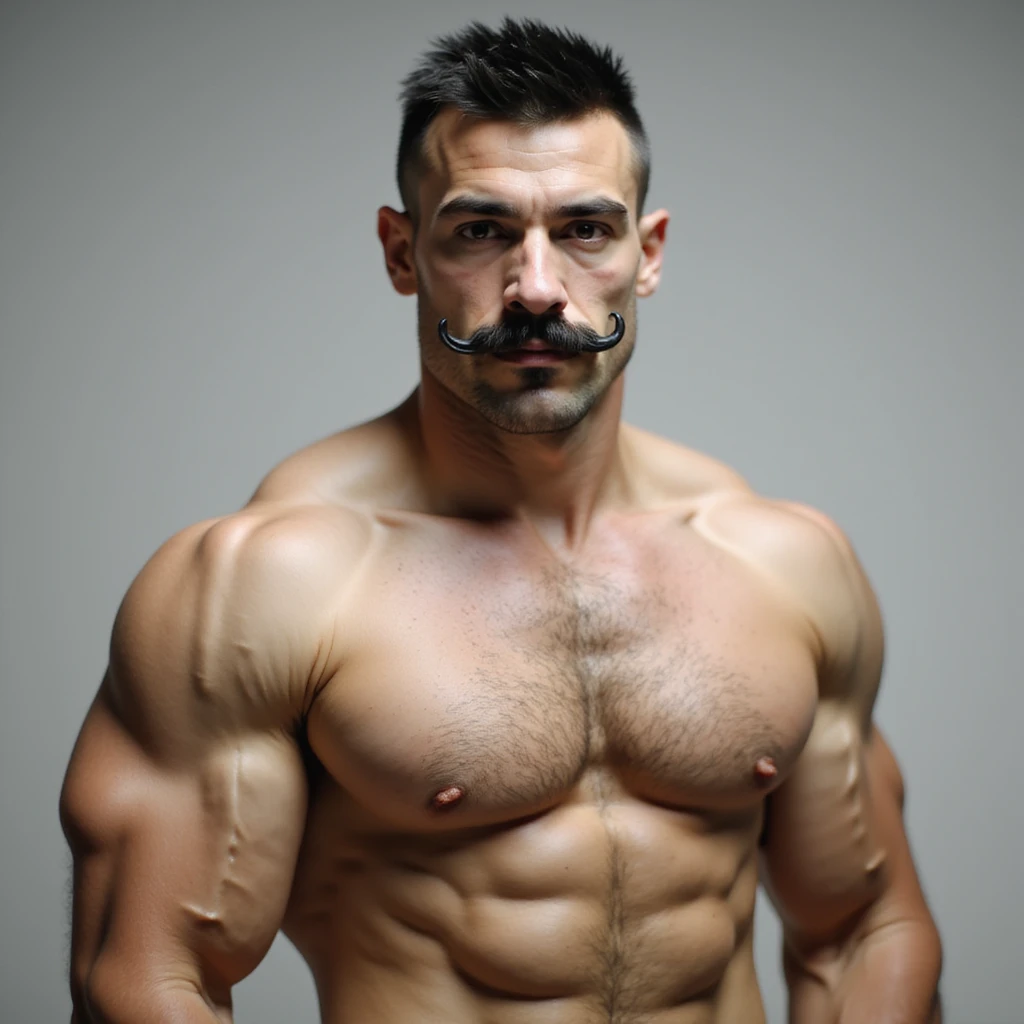heavily pumped up man, realism, white tanned skin, black hair, buzz cut hairstyle, black handlebar mustache, brown eyes emoji