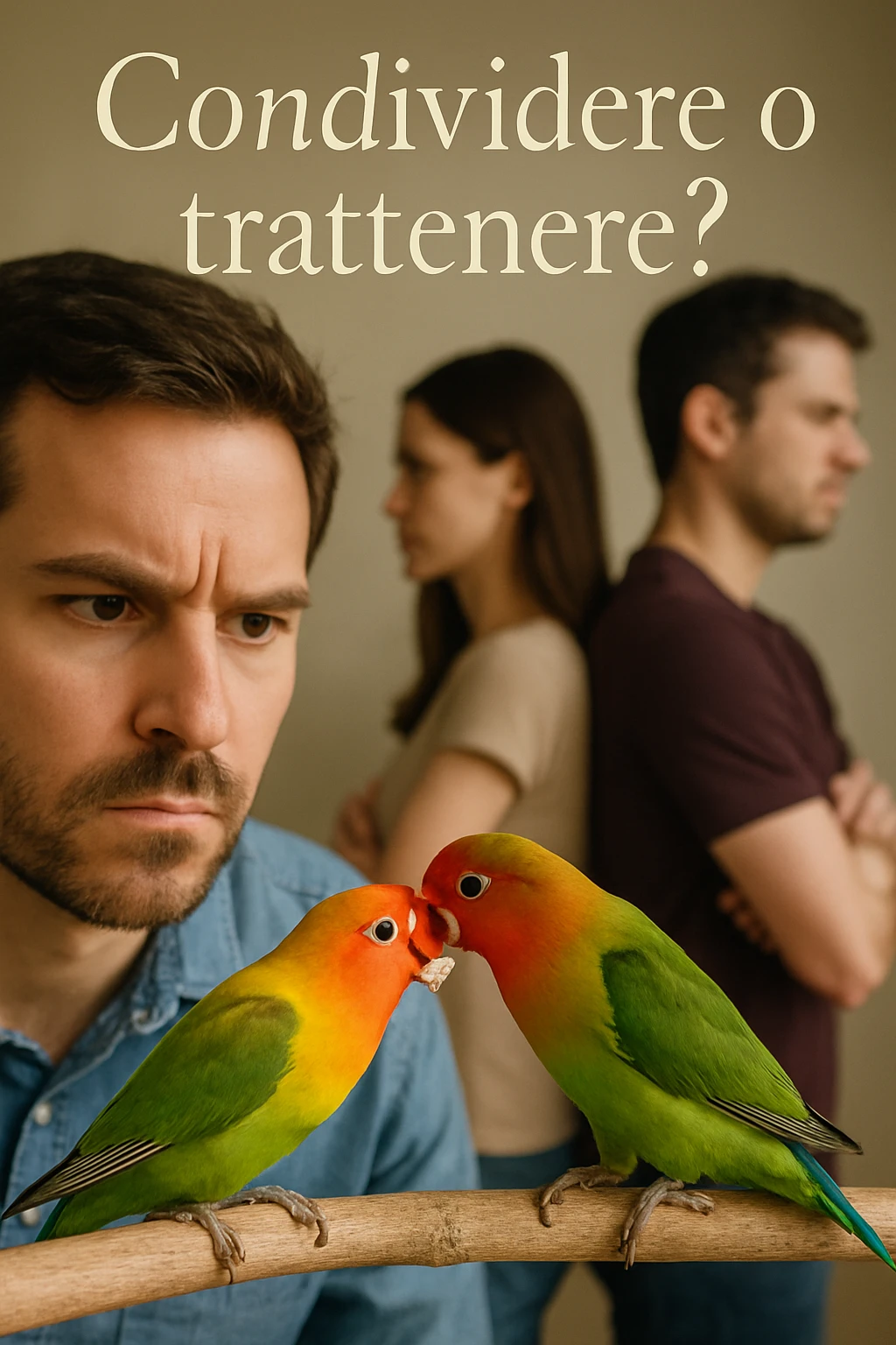 Vertical format: Close-up of a man observing two parrots exchanging food, next to a human couple turning their backs on each other, with Italian text: 'Condividere o trattenere?'. emoji