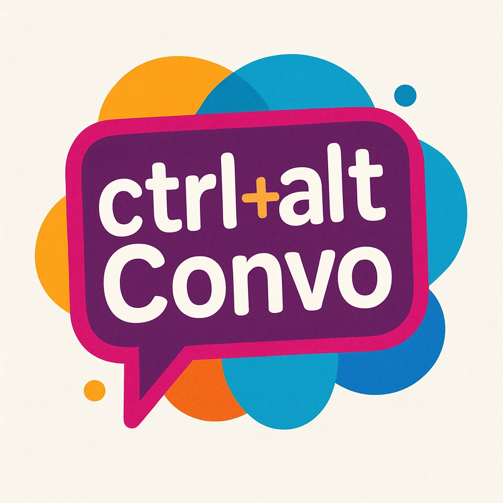 fun logo with the text 'ctrl+alt+Convo', speech bubble element, colorful and inviting style emoji