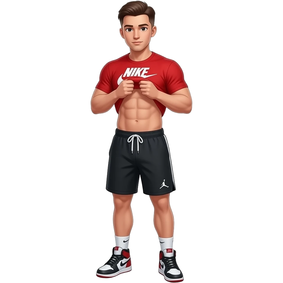 make me a 22 year old brown man with a thick brown low taper fade with a red nike shirt with black nike shorts and jordan 4 shoes with nike socks wiping his sweat with his shirt and you can see abs and he has good muscles emoji