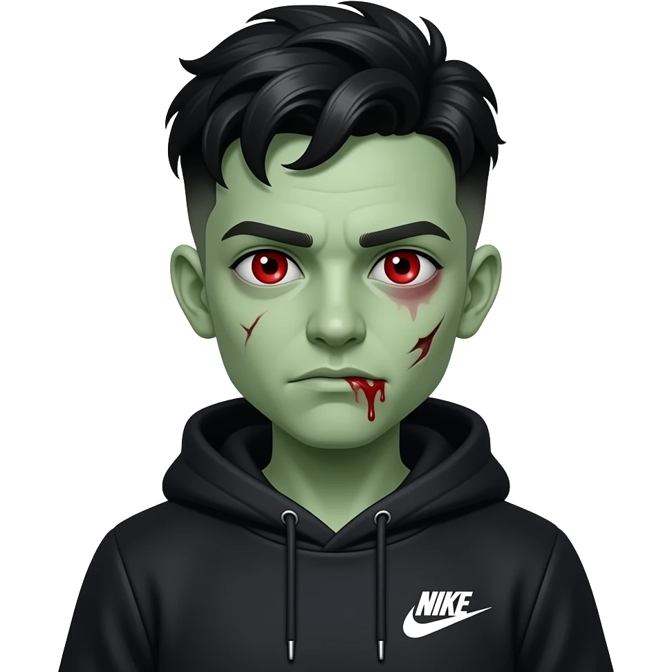 zombie boy with a black persons taper fade, pale green skin, black nike tech, hoodie and red bloody eyes emoji