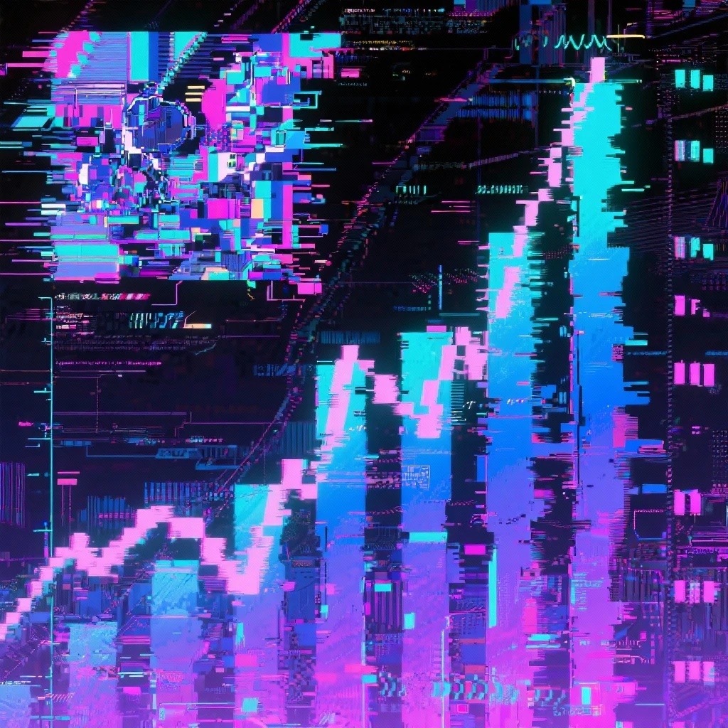 cyberwave glitch digital microscanner projection of these images but featuring no people, cyber hologram, abstract, experimental glitchy brutalist graphicwave,  style of anime - showing rising stocks emoji
