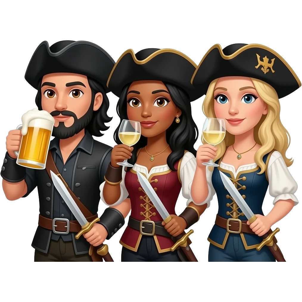 Three musketeers with swords and hats. One guy with black hair, beard and dark brown eyes, one girl with black hair and tanned skin and one girl with blond hair. The guy is drinking beer and the girls white wine. emoji