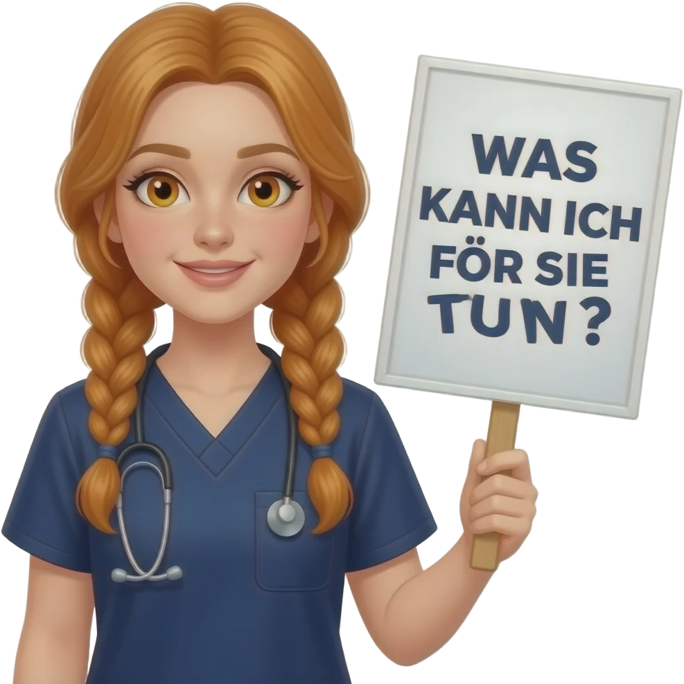sexy girl with long ginger braids and ginger eyes wearing a dark blue scrubs is holding a sign with WAS KANN ICH FÜR SIE TUN? written on it emoji