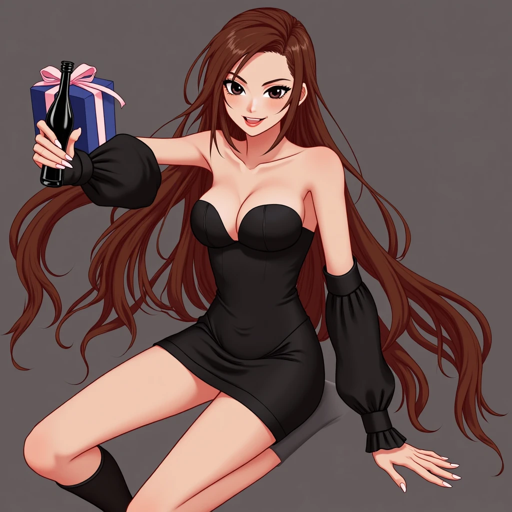 Art of nude woman's very sexy body scheme anatomy-bare shoulders and black eyes-very long straight brunette hair spreading legs and showing her pussy in seductive pose. New year elements: champagne gift emoji