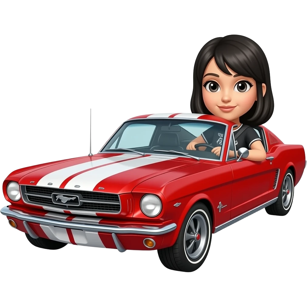 Girl with black hair driving a red Ford Mustang 1968 coupe emoji