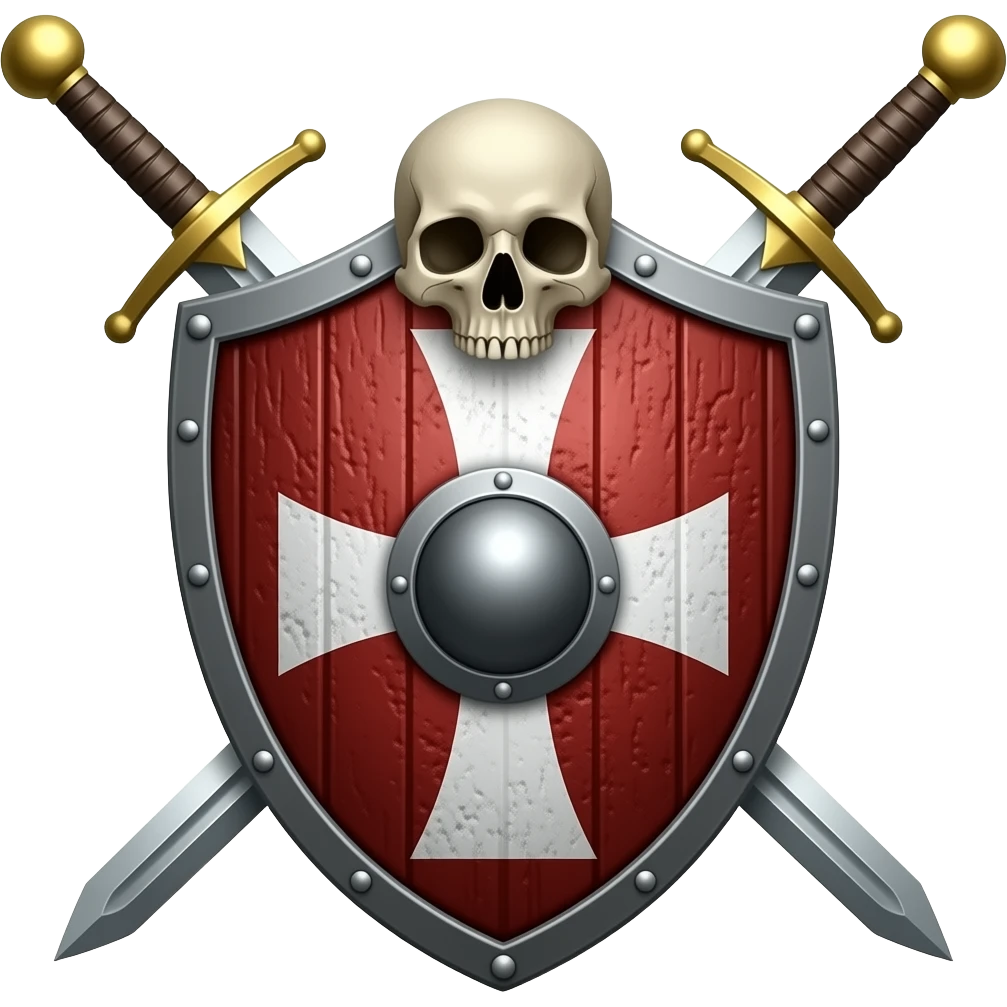 Templar cross on shield with swords in middle and Skull emoji
