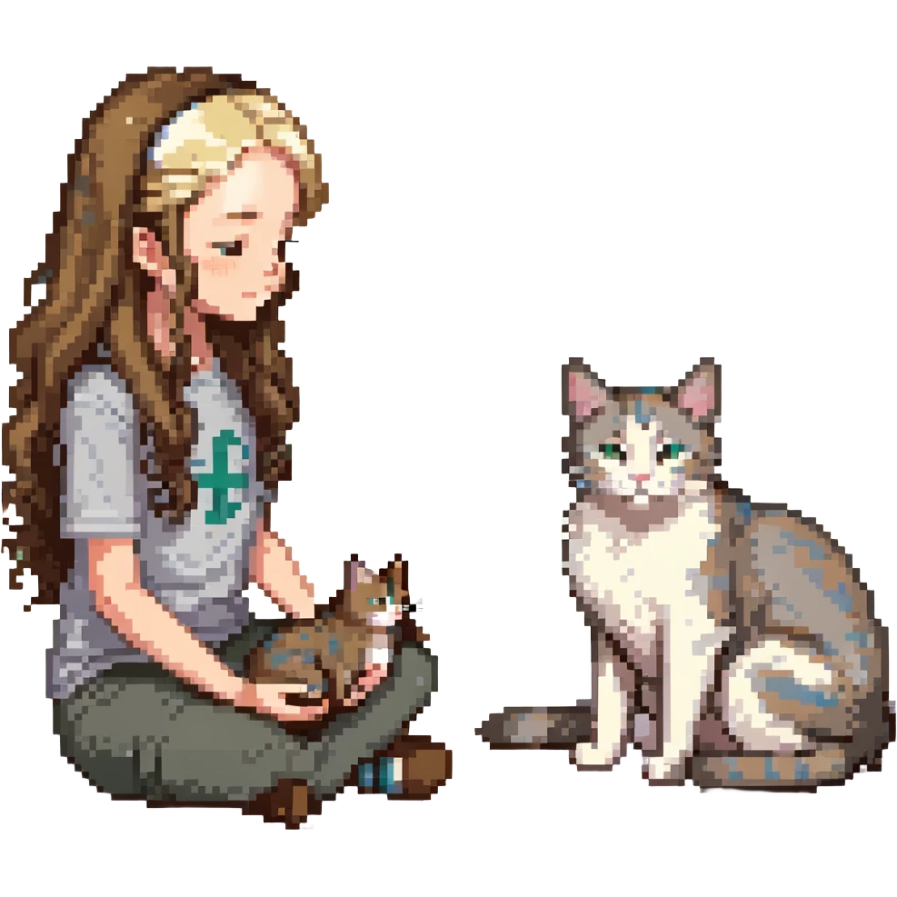 Remix: Beautiful girl with long wavy brown hair, inspired by the reference, petting a gray and blonde mixed cat, pixel art style, girl sitting cross-legged, cat curled beside her emoji