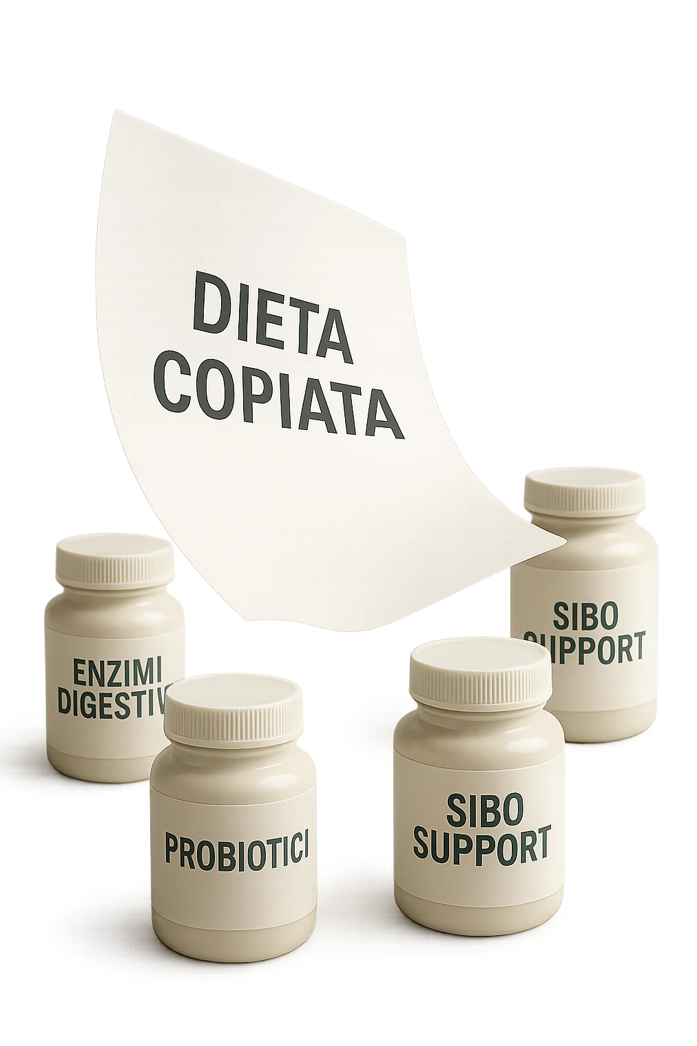 FOGLIO DI CARTA FLUTTUA IN ARIA CON LA SCRITTA "DIETA COPIATA", INSIEME A BARATTOLI DI INTEGRATORI PER CURARE IL SIBO IN ITALIANO, IPERREALISTICO 4K, NON DISEGNATO emoji
