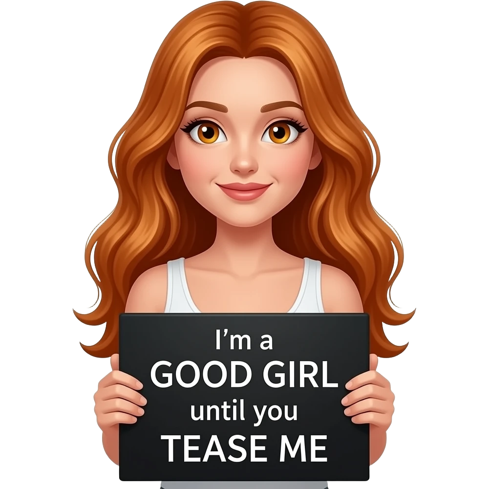 sexy girl with long wavy ginger hair and ginger eyes wearing a white tanktop is holding a black colored sign with I'm a GOOD GIRL until you TEASE ME written on it emoji