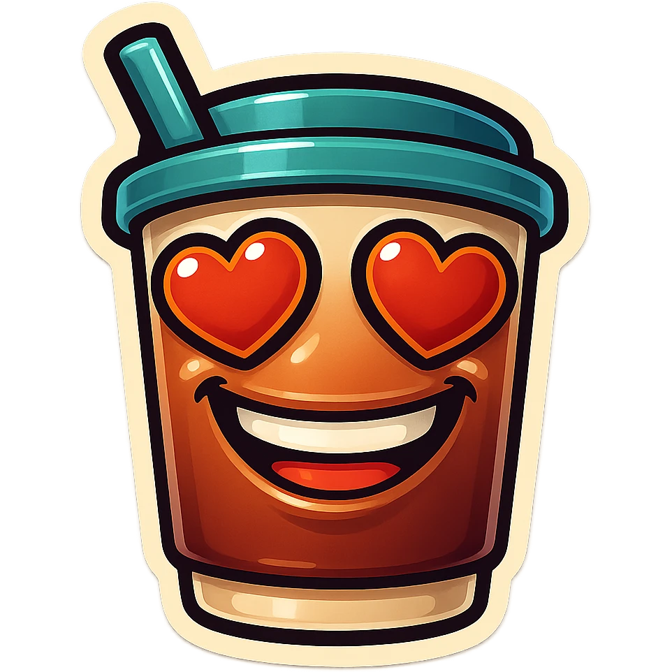 coffee creature, big heart eyes, big smile emoji