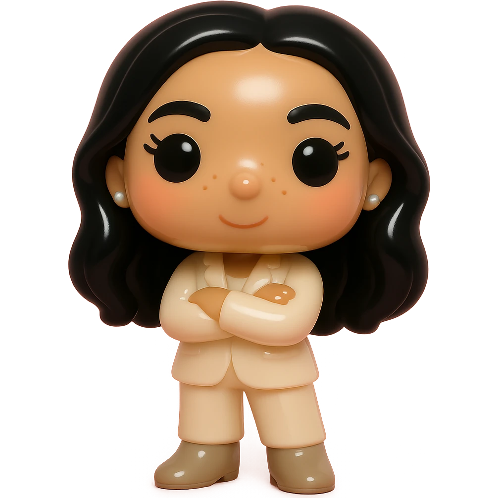 Funko Pop style vinyl figure with ultra high definition: luminous smooth tanned skin, extremely detailed dark hair, hyper-textured feminine cream suit (jacket and pants), small pearly earrings, greige leather boots clearly visible, arms crossed, rosy cheeks, very discreet freckles, eyelashes, mischievous and cheerful expression, no mouth, transparent background. emoji