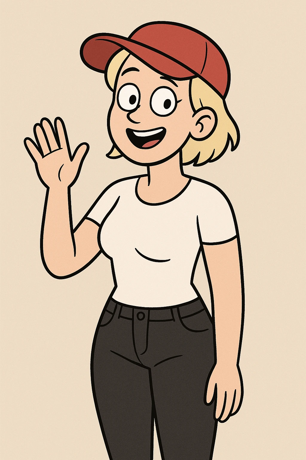 A woman Very Light Blonde short hair Red Ultimate panel Cap white top black jeans a hand say hello emoji