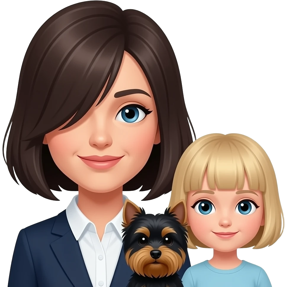 woman with bob haircut with little Yorkshire full black without any brown brown and long hair in the eye and little blond girl with pixie cut emoji