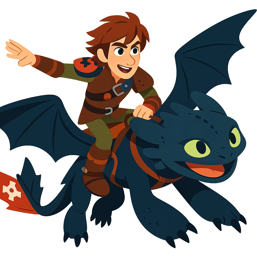 Hiccup riding Toothless, dynamic cartoon style, inspired by How to Train Your Dragon emoji