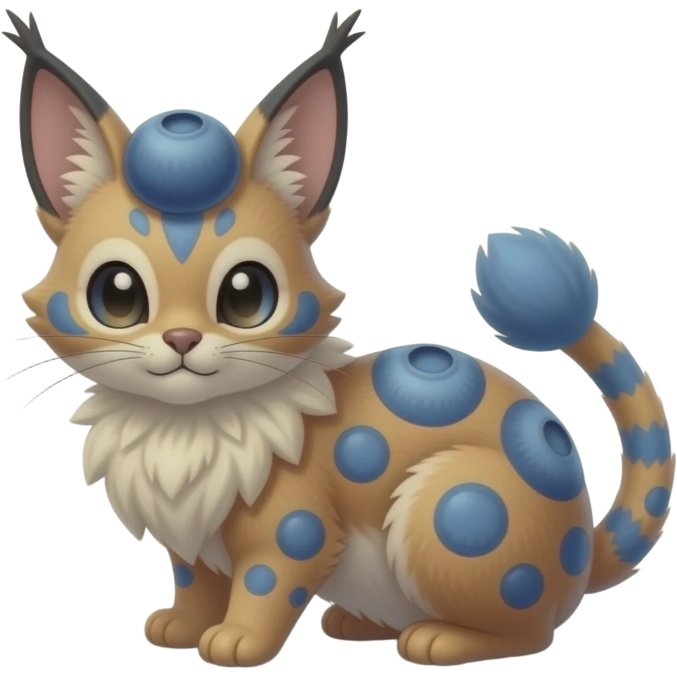 Blueberry-pattern-colors-themed puffy fluffy thick bushy brownish soft realistic romantic vintage antique divine beautiful elegant pretty precious cute young youthful Fakémon-Pokémon-feline-Zeraora-Jolteon-serval-caracal-chinchilla-Minccino-Cinccino-Meowstic-rodent-hybrid-creature (full body) emoji