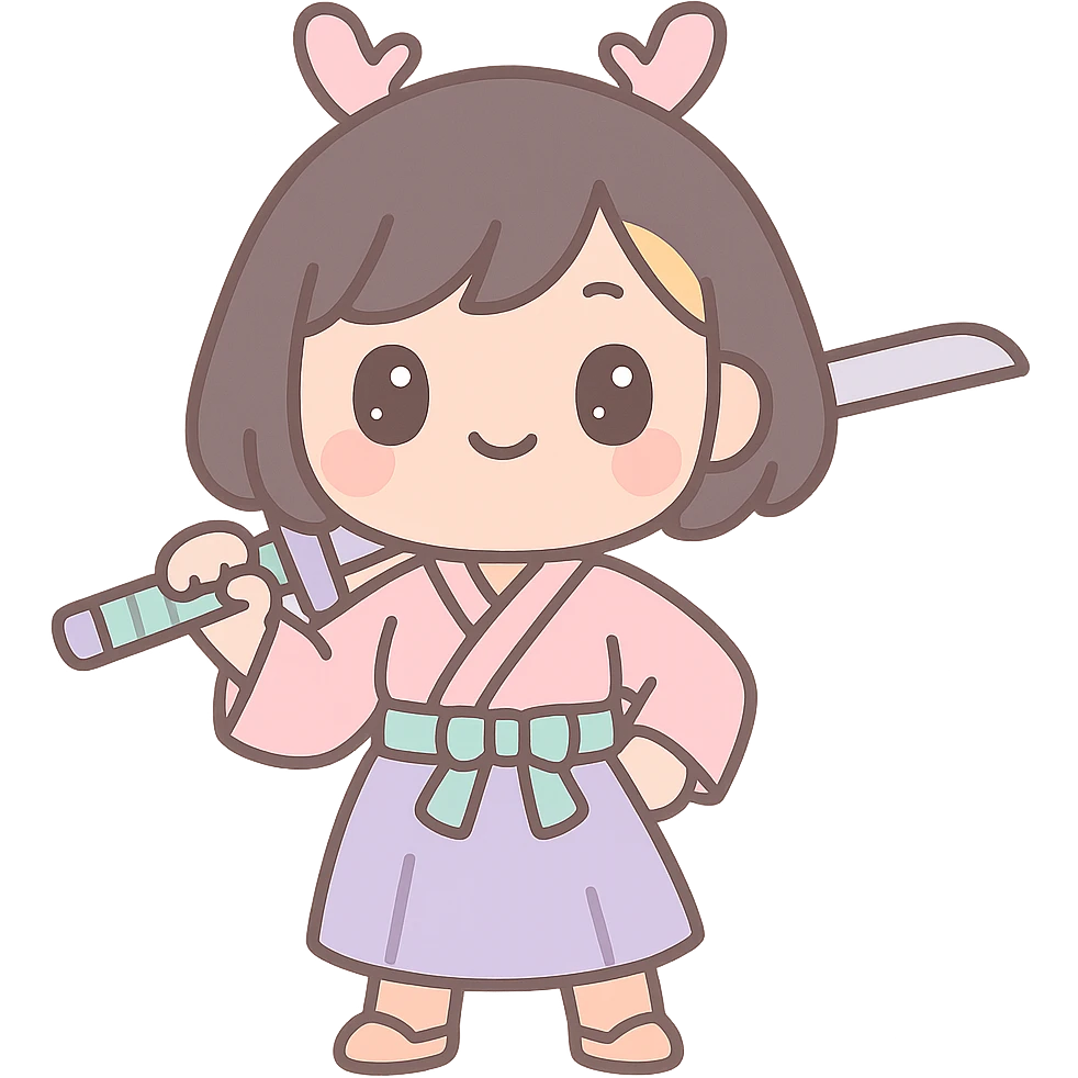 kawaii samurai girl with short hair and one streak of blonde in her hair, standing confidently, holding sword over shoulder, pastel palette emoji