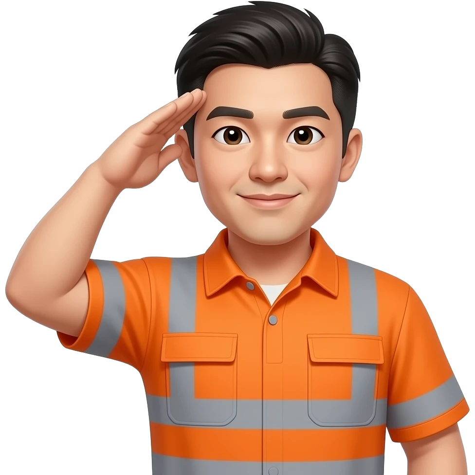 chinese man saluting in orange hi-vis collared shirt cropped to torso emoji