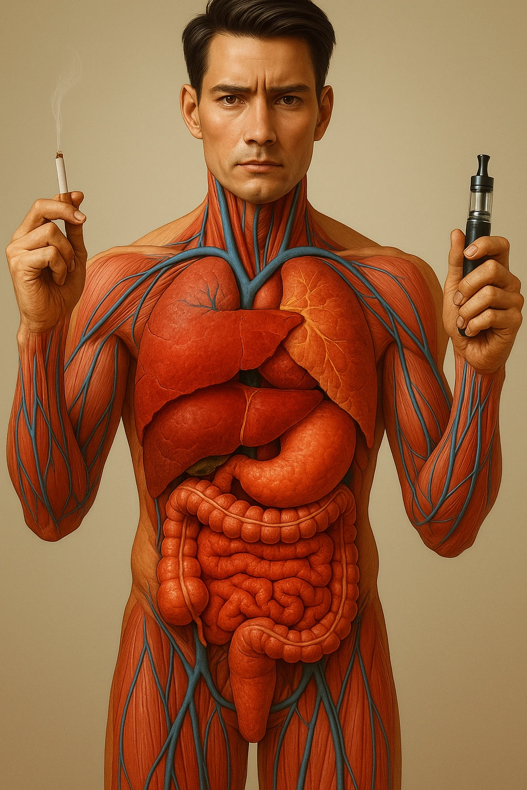 Create an identical copy in vertical 9:16 format: hyperrealistic medical illustration 4K, realistic human anatomical body, inflamed liver and intestines highlighted, man holding a lit cigarette in the right hand and an electronic cigarette in the left, style identical to the reference image. emoji