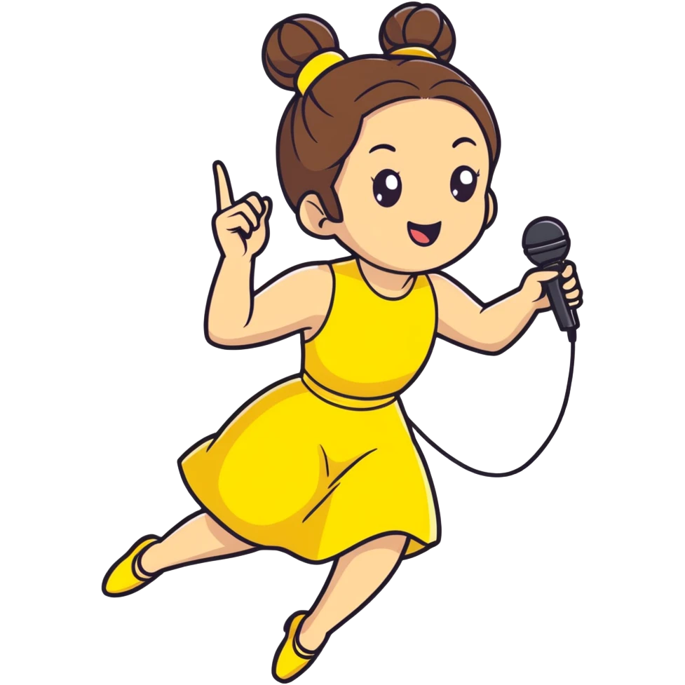 lively, stylized performer - brown hair in two buns, bright yellow dress, microphone in hand, mid-air pose emoji