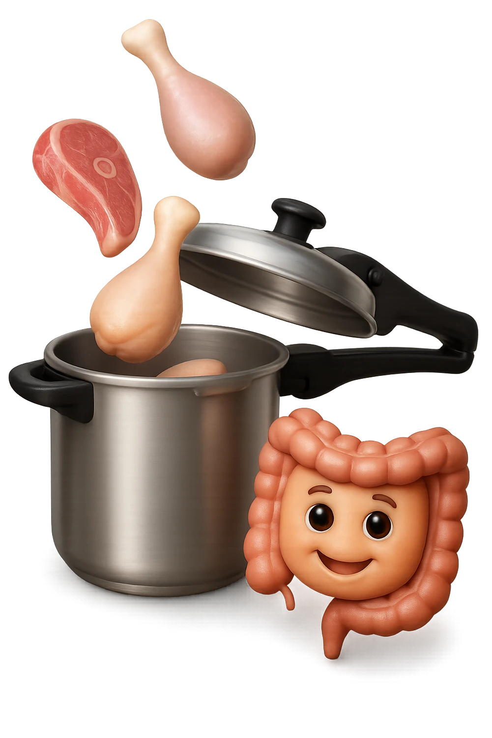 emoji stile iphone in 3d di una pentola a pressione dentro cui cadono agnello, pollo, tacchino crudi e un intestino umano felice da cuocere, iperrealistico 4k emoji