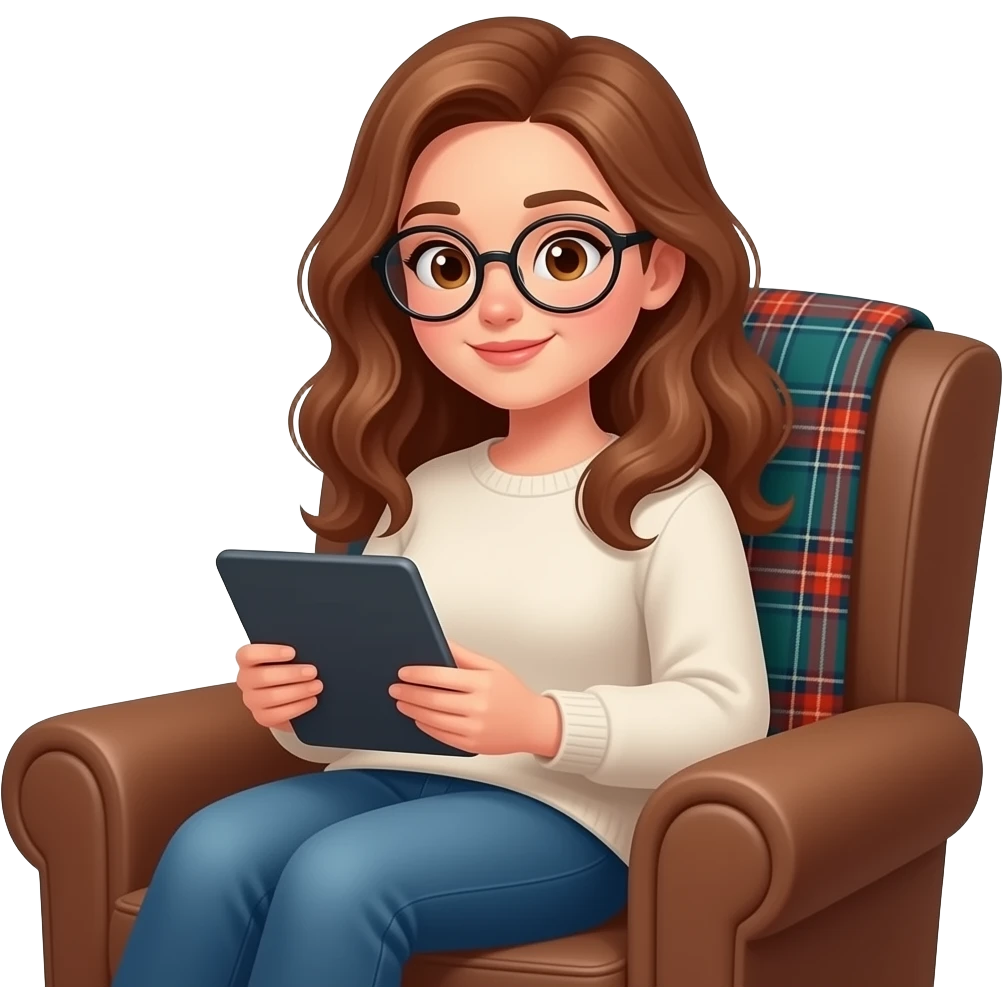 detailed emoji illustration of a curvy woman with long light chestnut brown wavy hair, light brown eyes and round glasses sitting in a brown armchair with a planket scottish pattern in the back while reading on an e-reader tablet, cozy reading atmosphere, cute emoji style emoji