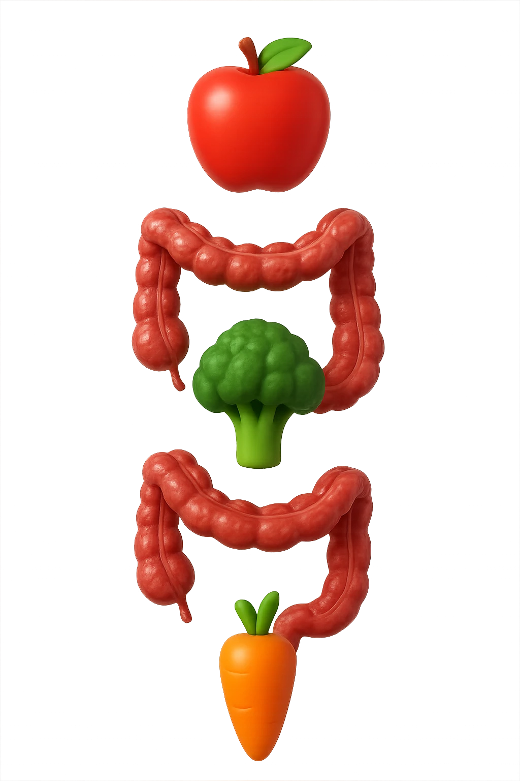 emoji stile iphone in 3d di cibo sano che fluttua in aria vericalmente insieme a pezzi di colon umano anatomico, iperrealistico 4k emoji