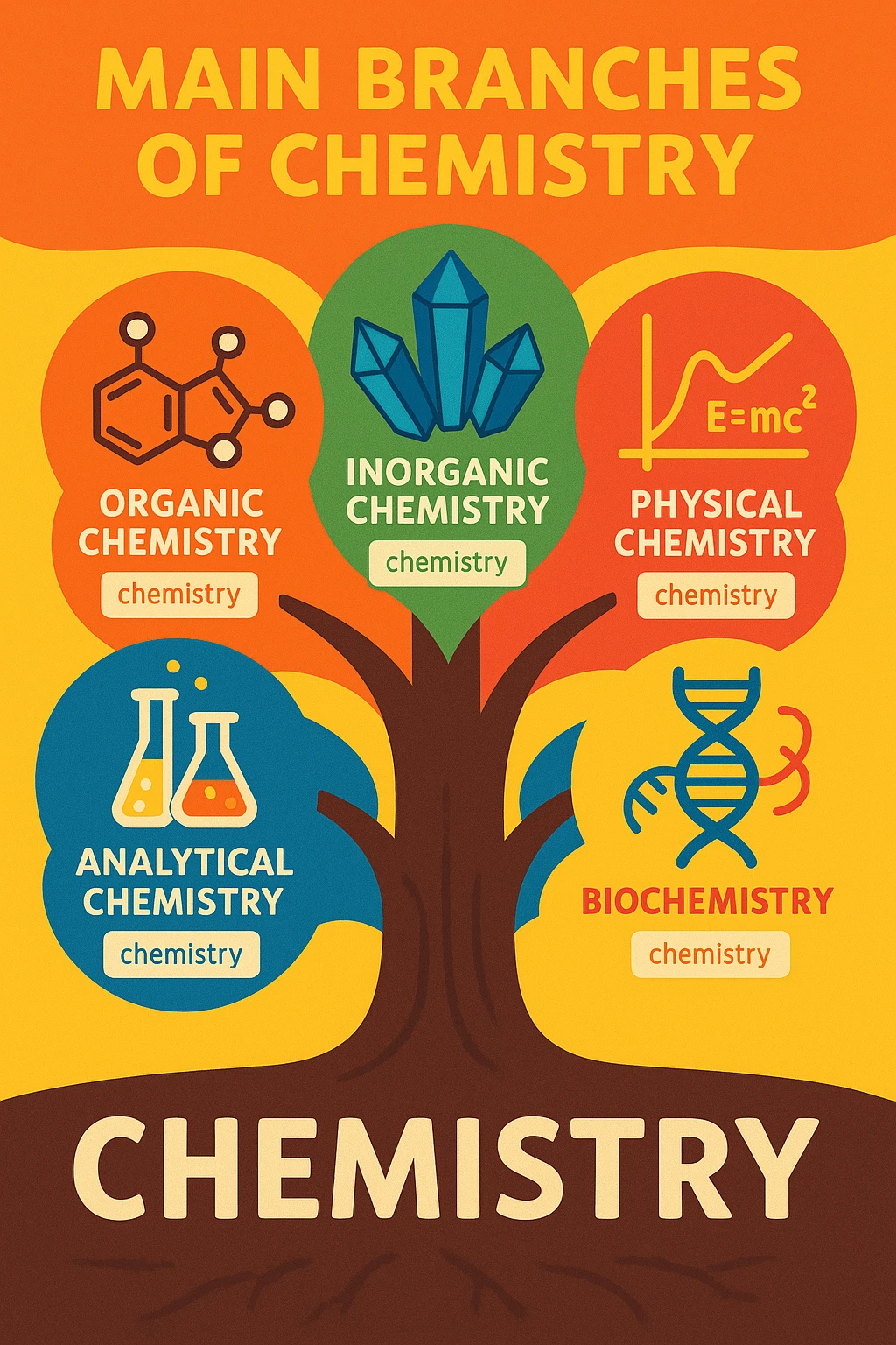 A creative and unique poster about the main branches of chemistry. The poster should have a central theme that ties all the branches together, such as a tree metaphor where the trunk represents chemistry and the branches represent the different fields: Organic Chemistry, Inorganic Chemistry, Physical Chemistry, Analytical Chemistry, and Biochemistry. Include icons and illustrations for each branch, such as molecular structures for Organic Chemistry, crystals or minerals for Inorganic Chemistry, graphs or equations for Physical Chemistry, laboratory equipment for Analytical Chemistry, and DNA strands or biological molecules for Biochemistry. Use a vibrant and cohesive color scheme with different colors for each branch. The layout should be clean and organized with clear headings and concise descriptions. emoji