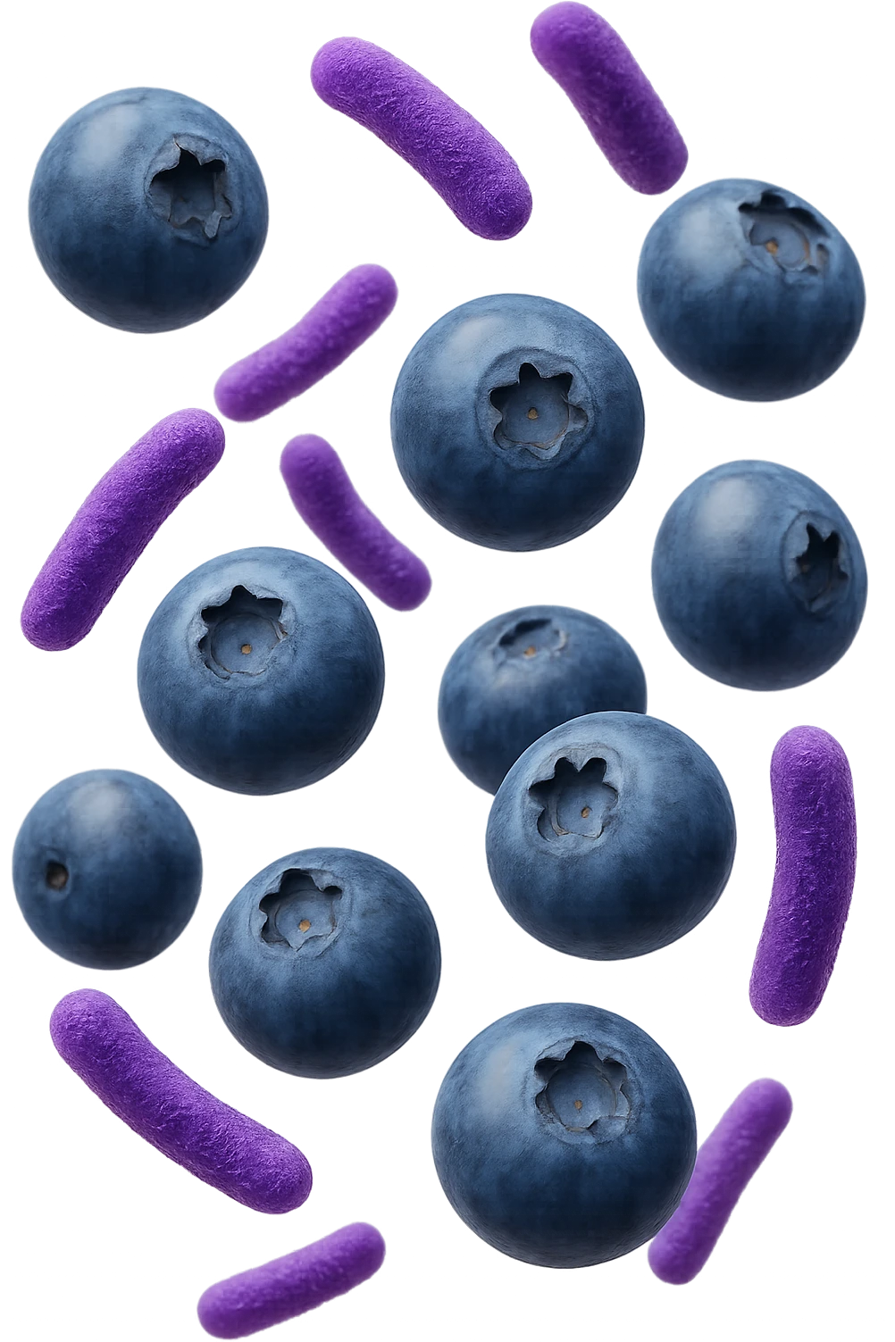 mirtilli fluttuano in aria insieme a 6 batteri intestinali viola, iperrealistico 4k emoji