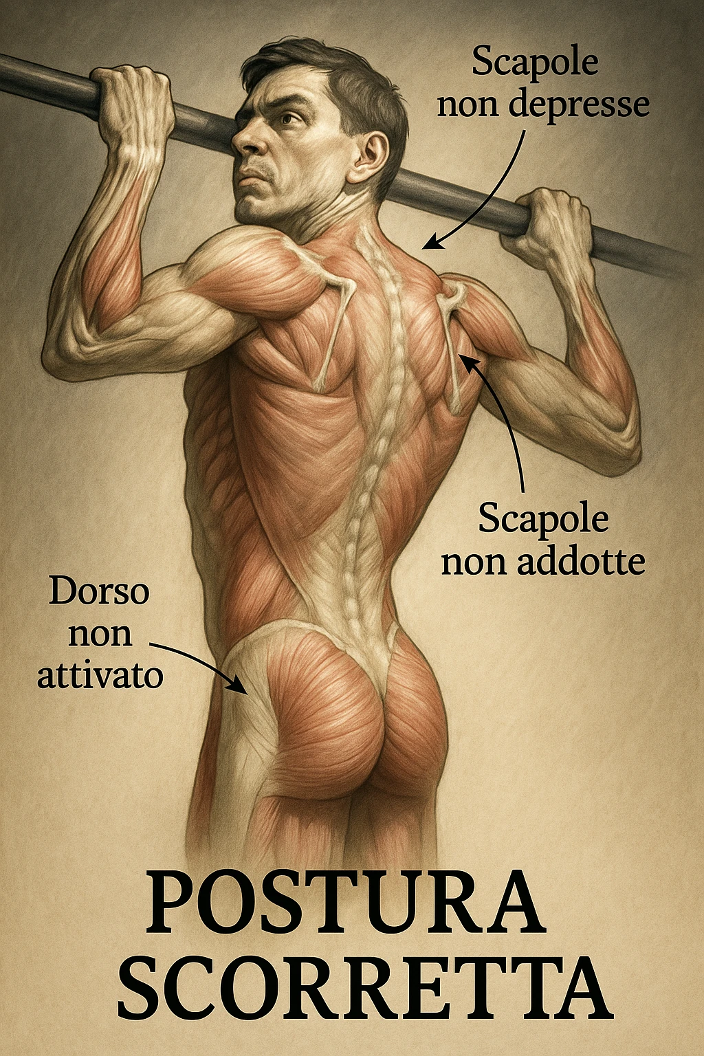 Illustrazione anatomica realistica di un uomo che esegue trazione alla sbarra senza attivare bene le scapole e il dorso, con focus su errori posturali e muscolari. Atmosfera clinica, luci drammatiche, didascalie in italiano, formato 2:3. emoji