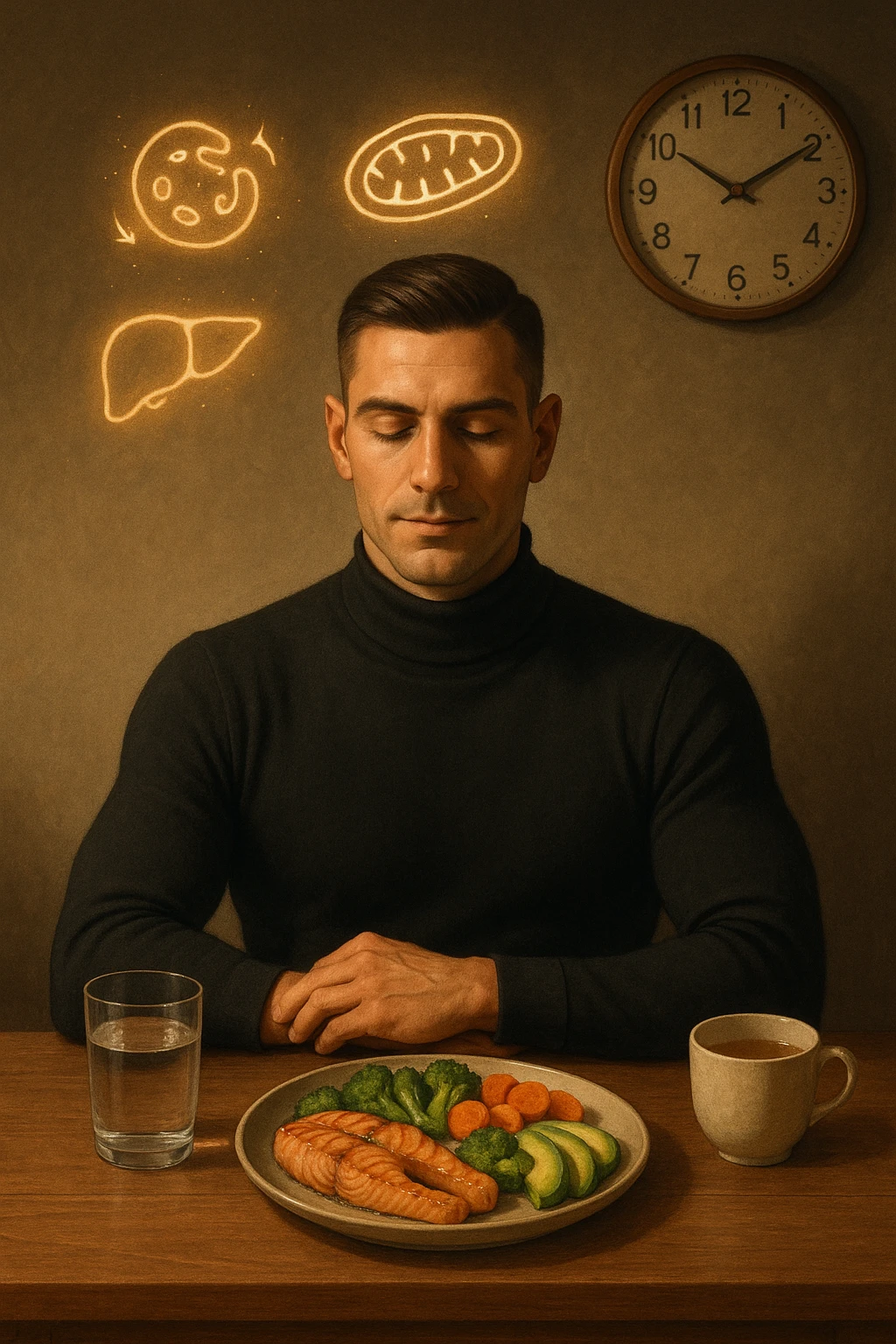 A realistic, cinematic illustration of a healthy, fit man in his early 30s with a calm, disciplined expression, sitting at a clean wooden table in the evening with a single, balanced, nutrient-dense meal in front of him (grilled salmon, colorful vegetables, avocado). The rest of the day he drinks only water and herbal tea, visible in a glass and a simple cup on the side. A wall clock in the background shows 6:00 PM, emphasizing that this is his only meal of the day (OMAD). Subtle glowing icons above him display a regenerating cell, mitochondria, and a liver symbol, representing autophagy, longevity, and health benefits of OMAD. The lighting is warm, with cinematic shadows and natural tones, creating a sense of discipline, mental clarity, and health optimization. The man looks centered and content, showing that OMAD is a conscious choice for energy and regeneration, not restrizione. The scene is realistic with slight film grain for depth emoji