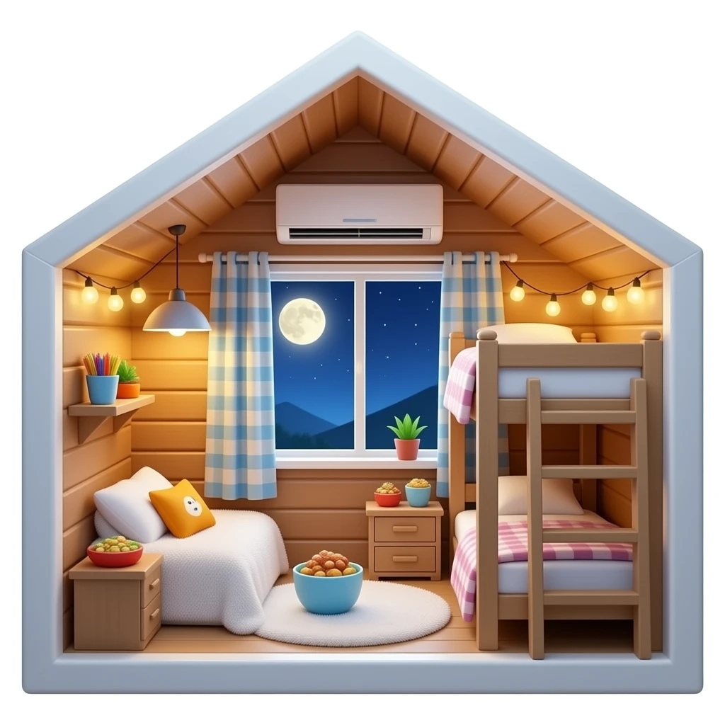 Yummy snacks and ldc lights  and cozy fuzzy blankets and a flying home  in night and a cozy moon and a big window and snacks and inside the house is flying and thers a aircon and a bucnk bed and it needs to be big front  view emoji