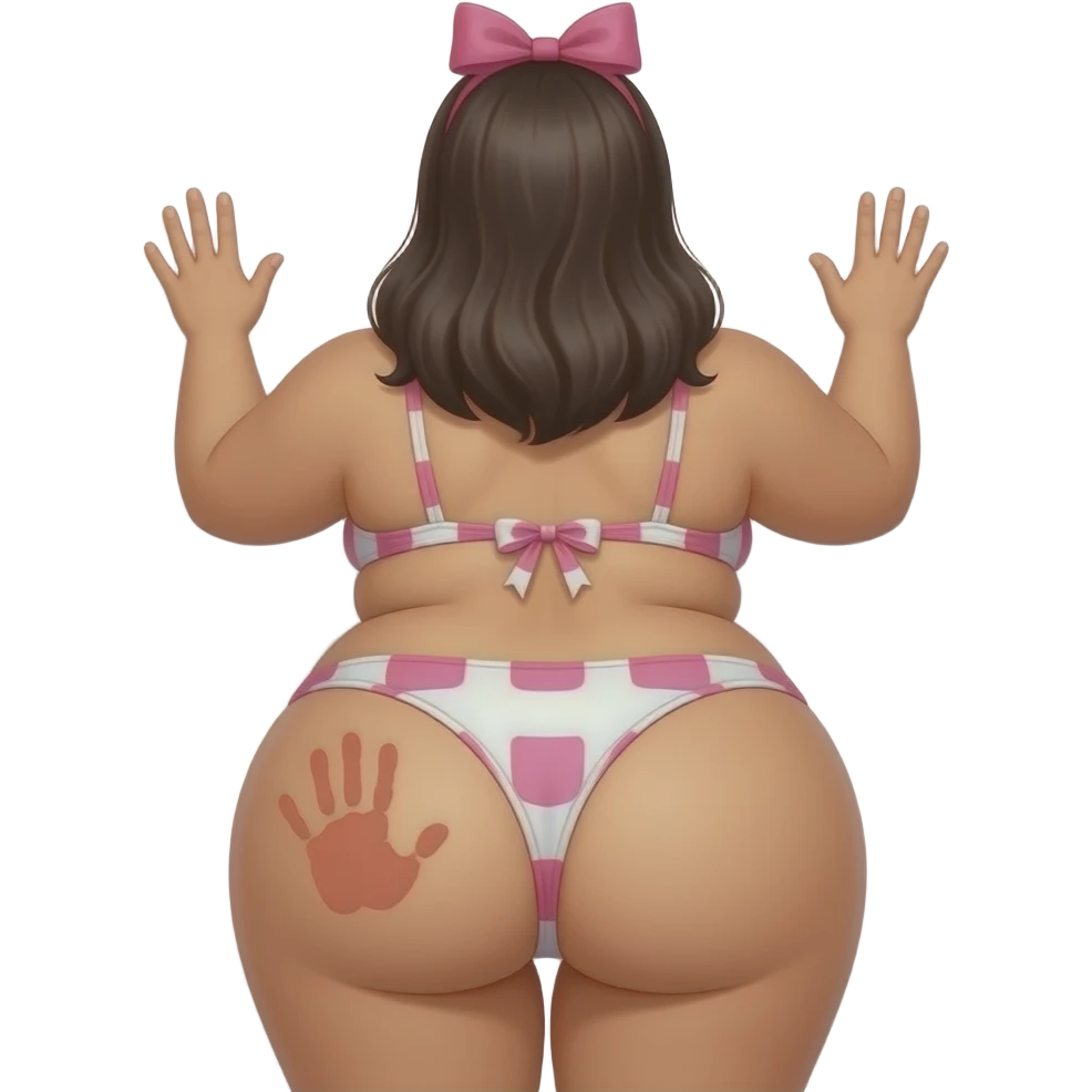 A tanned really extremely fat pink and white big booty latina showing back its bikini and big thighs and buttocks while putting her hands behind the wall and she has a  peach colored hand print on her left buttocks and she with a pink bow tie on her head emoji