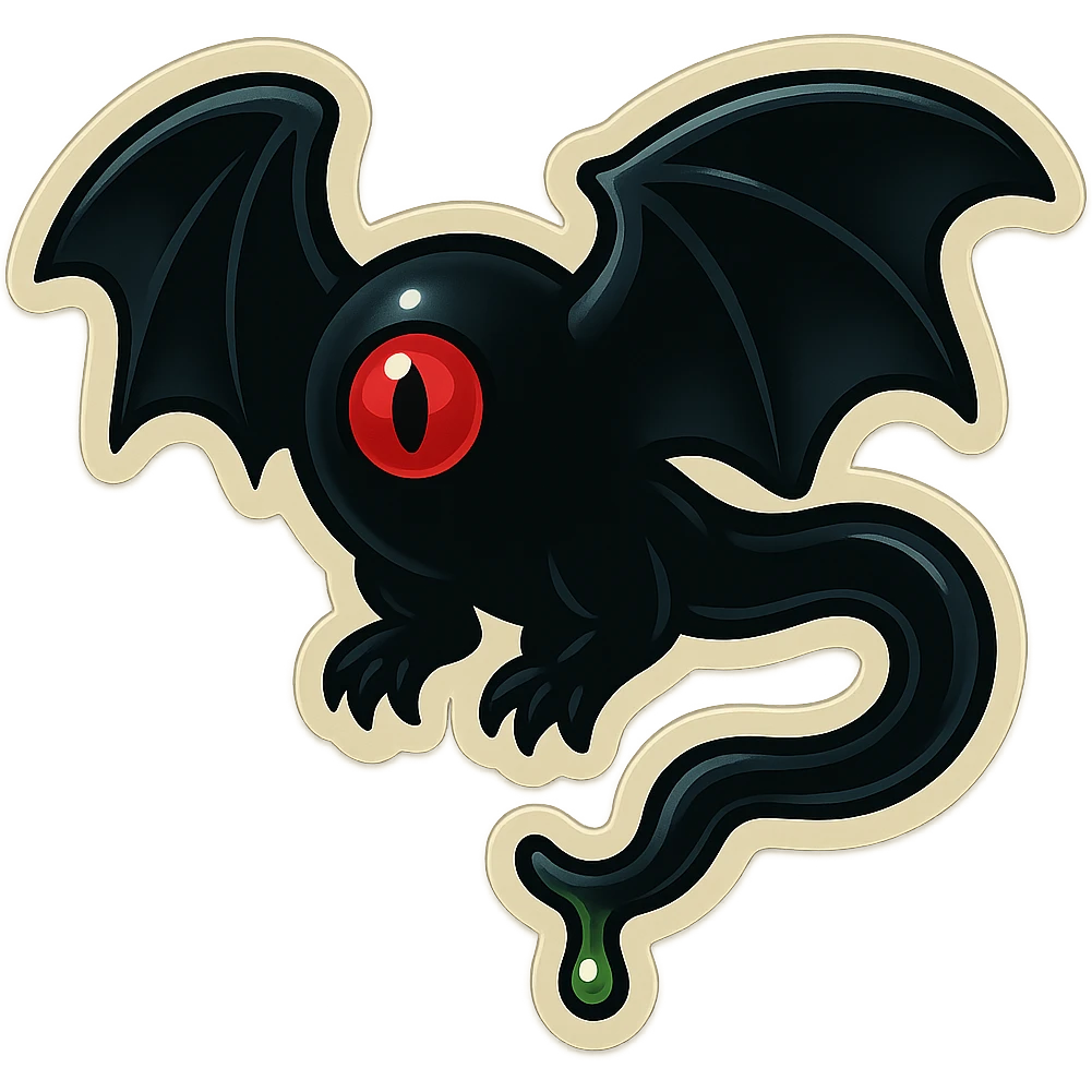 an all black reptilian bat-like creature. One cyclopian red eye in its face. no visible mouth or ears. 2 hind legs with claws. has a long tale with a stinger that drips green poison emoji