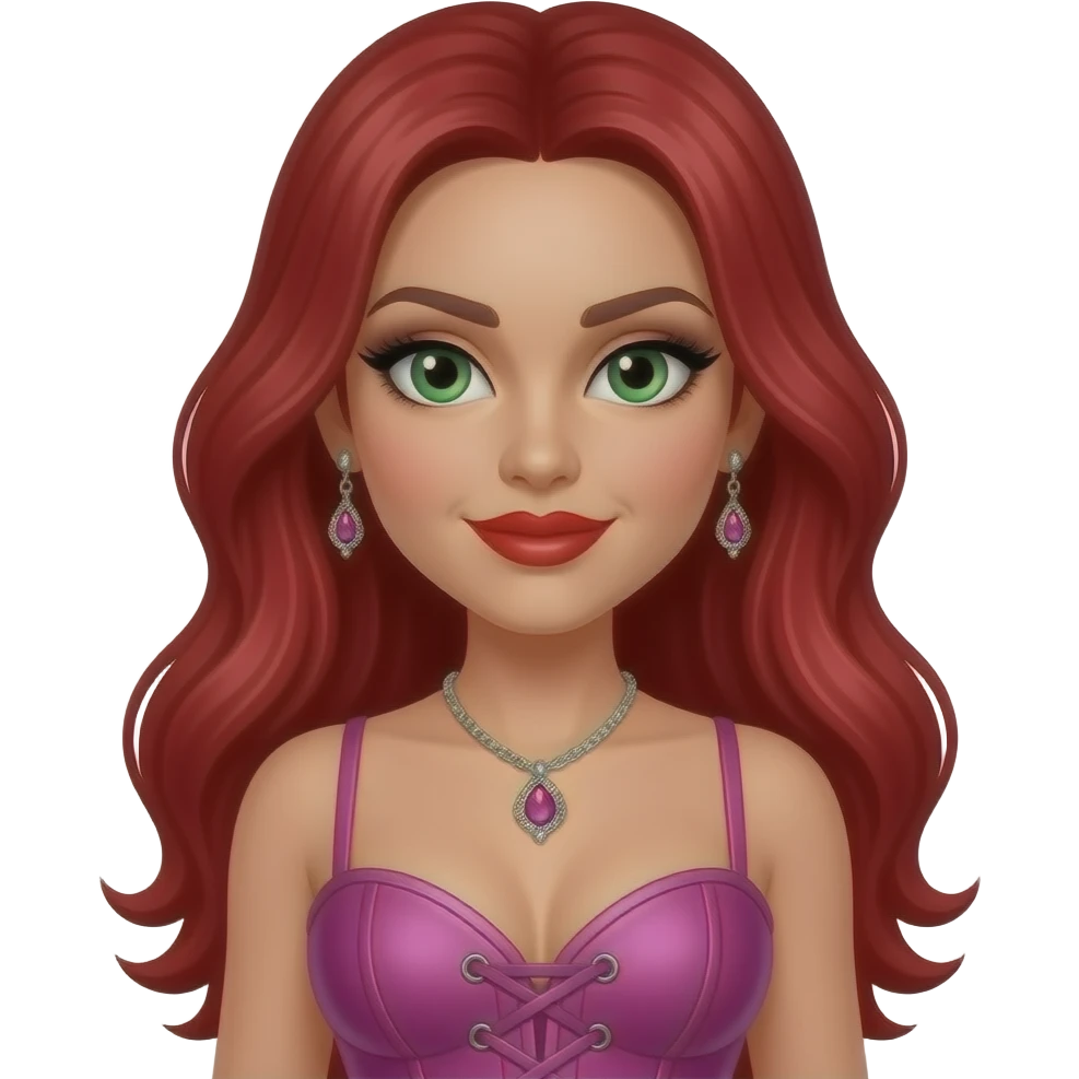 Carmit Bachar from The Pussycat Dolls with green eyes, long red hair, black eyeshadow, red lipstick, pink and purple off corset dress, necklace and earrings emoji