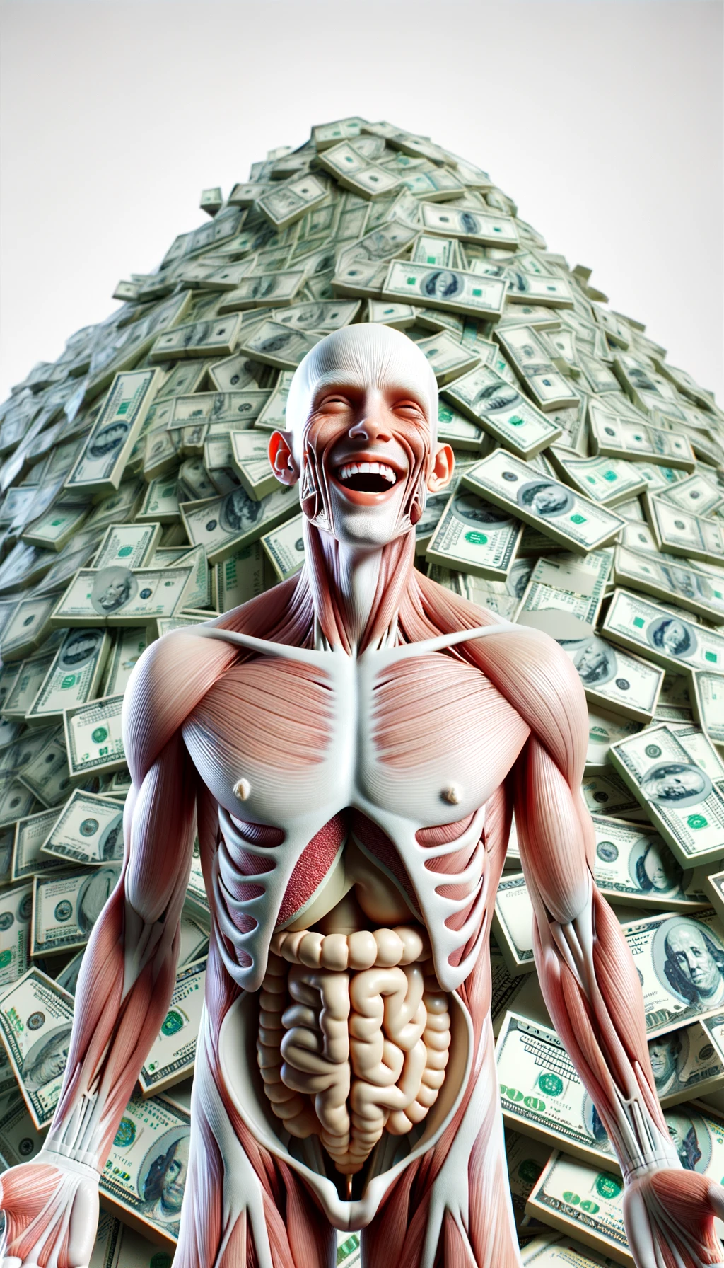 corpo umano anatomico sereno e felice con una montagna di soldi davanti, espressione stupita, iperrealistica 4k, isolato su sfondo bianco emoji