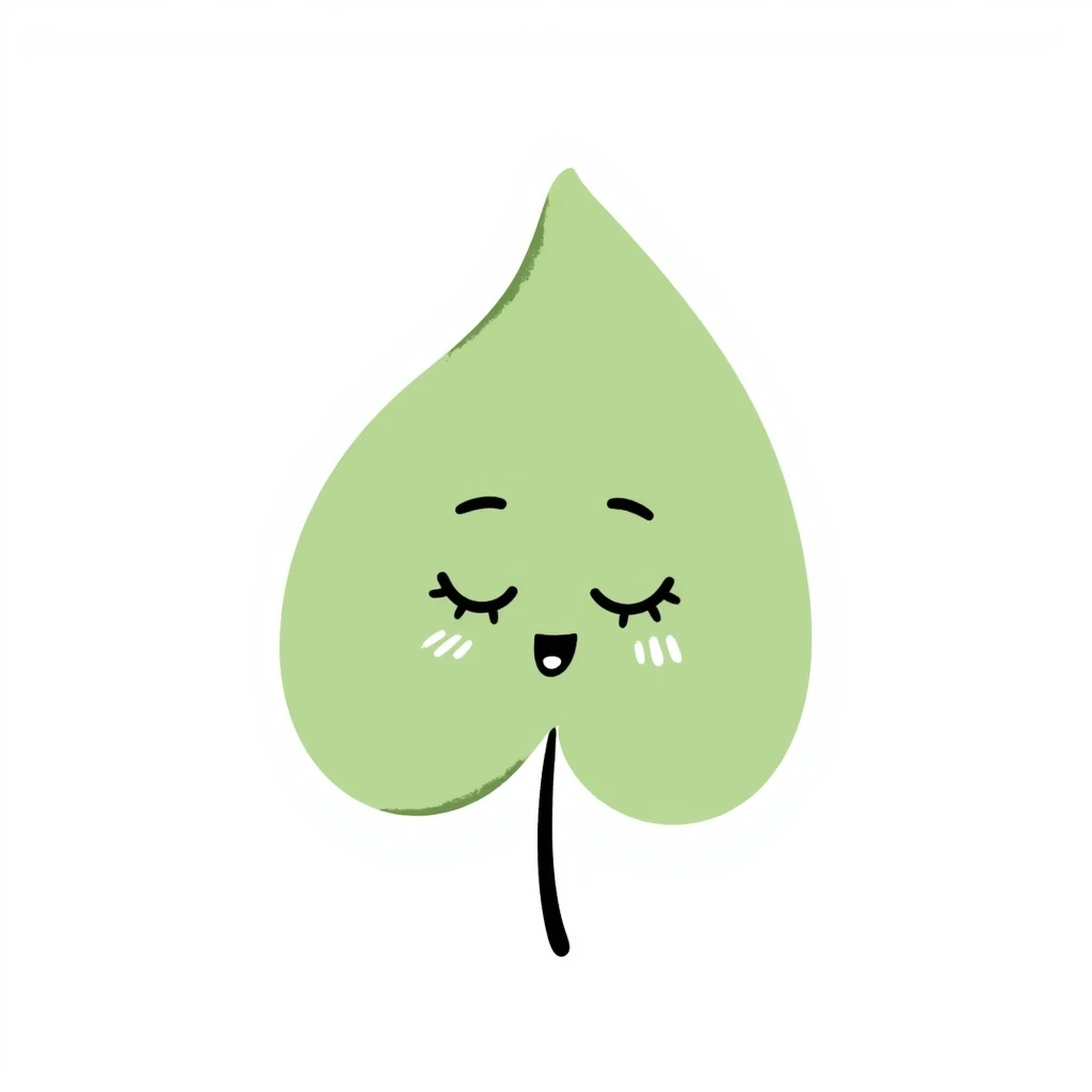 cute symmetrical leaf character in light green, hand drawn with soft digital brush strokes, peaceful happy face, minimal clean design with soft textures, ideal for a mobile app emoji